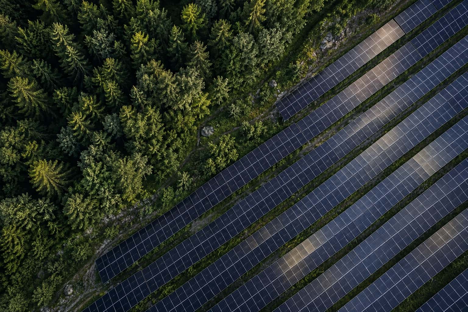Aerial view of rows of solar panels beside a pine forest